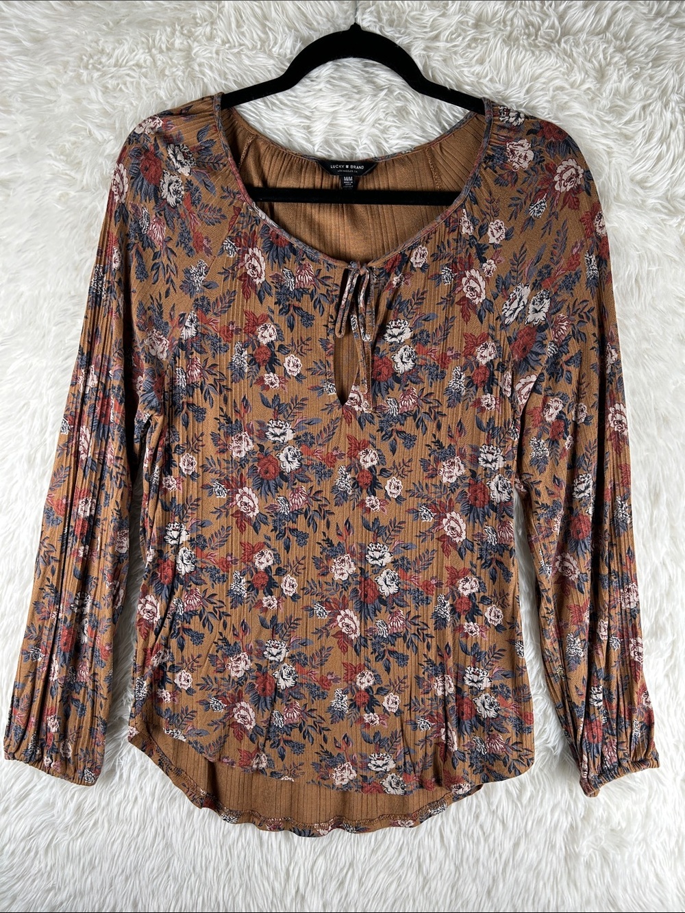Lucky Brand Floral Tie-Neck Long-Sleeve Top in Mustard